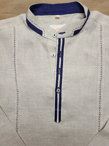 Camisa Pullover Henley Mebaz Bordada Lino 4 Botones Talla 38 Mediana Manga Larga - Imagen 1 de 7