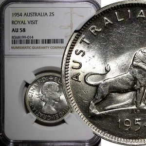 Australia Silver 1954 Florin Royal Visit of Elizabeth II NGC AU58 KM# 55 (014) - Picture 1 of 5