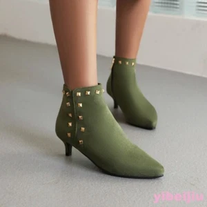 Fashion Women Ankle Boots Round Toe Kitten Heel Pointed Heel Zip Rivet Studded - Picture 1 of 19