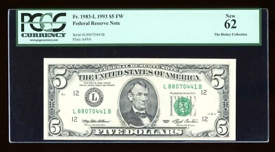 DBR 1993 $5 FRN San Francisco Fr. 1983-L PCGS 62 Serial L88070441B - Image 1 of 2