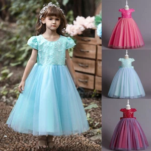 3-12Y Kids Flower Girls Princess Tulle Bridesmaid Party Dress Pageant Long Maxi - Picture 1 of 37