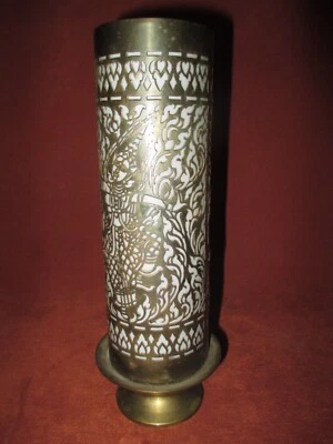 独特泰国舞者黄铜丝银丝乳玻璃衬垫烛台10高 — 第 1/4 张图片