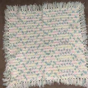 Handmade Knitted Crochet Baby Blanket, Throw, Crib Green Yellow Pink 29” X 27” - Picture 1 of 4