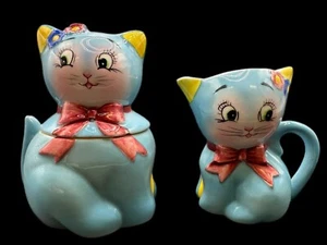 Vintage 1950s Norcrest Kitchy Blue Cat Anthropomorphic Creamer & Sugar Set Rare - Picture 1 of 24