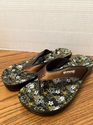 AEROSOFT  Thong Flip Flop Platform Sandals Black Floral Comfort Women’s US 9 - Image 1 of 4