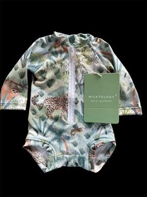 Milktology NUEVO CON ETIQUETAS Jungle Themed Manga Larga Cremallera 50+ UPF Protector contra Erupciones-0-3Mos Foto 1 de 4