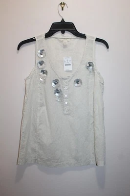 J.CREW TOP MUJER SIN MANGAS 100% ALGODÓN FLORAL RAYAS BEIGE Y BLANCO TALLA 0 EE. UU. Foto 1 de 3