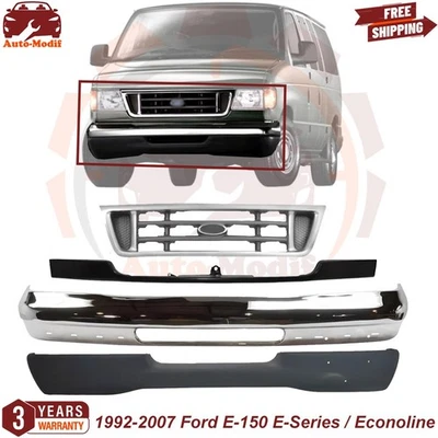 Front Bumper Chrome & Grille Kit For 1992-2007 Ford E-150 E-Series / Econoline - Imagem 1 de 4