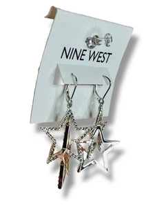 NUEVO Pendientes Colgantes Nine West Tono Plata Estrellas con Estrás - Imagen 1 de 3