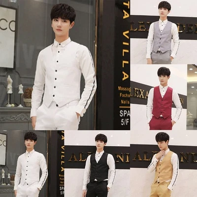 MenS Slim Formal Vest V-Neck Business Work-Waistcoat Sleeveless Double-Breasted - Image 1 of 4