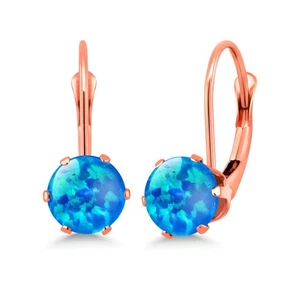 1.50 Ct Round Cabochon Blue Simulated Opal Brass Rose Gold Plated Brass Earrings - Picture 1 of 4