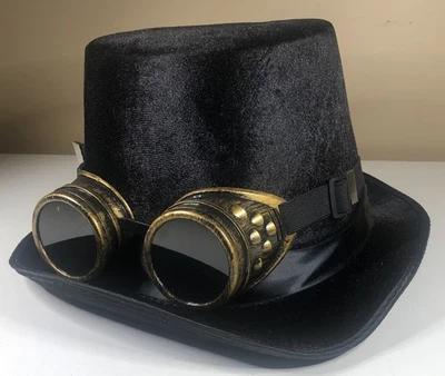 Halloween Black STEAMPUNK Felt HAT & GOGGLES Adult Fall Party Costume - Image 1 of 4