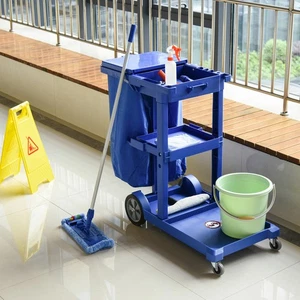Cleaning Cart, Housekeeping Trolley On Wheels w/ 3 Tier Shelves, Blue - Picture 1 of 11