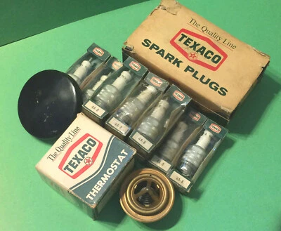 TEXACO Spark Plugs + Gas Cap & Brass Thermostat fits 1963-69 JEEP F-Head - Image 1 of 2
