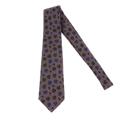 Corbata Kiton nueva sin etiquetas 100 % seda siete pliegues en marrón topo con flores azules/negras Foto 1 de 4