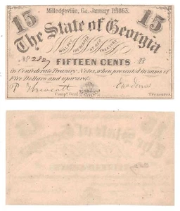 1863 15 Cent The State Of Georgia Milledgeville Cr-17 Uncirculated #2827 B - Picture 1 of 1