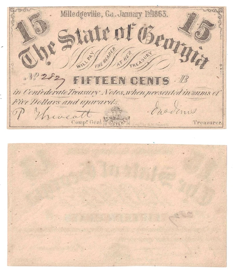 1863 15 Cent The State Of Georgia Milledgeville Cr-17 Uncirculated #2827 B - Image 1 of 1