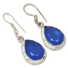 Blue Calsidony Gemstone Handicraft Black Friday925 Silver Jewelry Earrings 1.5''