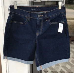 Old Navy sz 0 Mid Rise Dark Blue Denim Cuffed Shorts 6.5" Inseam Stretch NWT F5 - Picture 1 of 6