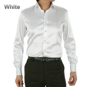 Camicia elegante uomo raso seta manica lunga slim business formale casual top elegante - Foto 1 di 21