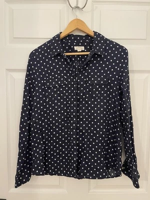 Charter Club Luxury 100% Linen Blue White Polka Dots Collared Shirt Petite Large - Image 1 of 4