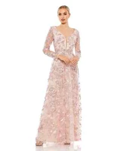 Mac Duggal Rose Pink Floral Applique Long Sleeve Illusion Gown Sz 16 NWT 70224 - Picture 1 of 9