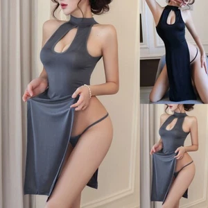 Sexy High Side Split Sheer Cheongsam Long Dress Nightgown in Gray Black - Picture 1 of 26