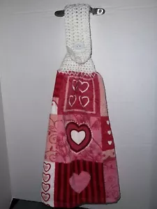 Hanging Double Cotton Kitchen Towel White Crocheted Top Valentine’s Day Hearts - Picture 1 of 4