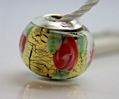 .925 STERLING SILVER PERSONA CHARM GOLD BLACK CRACKLED MURANO RED ROSES NEW B17 Foto 1 de 3