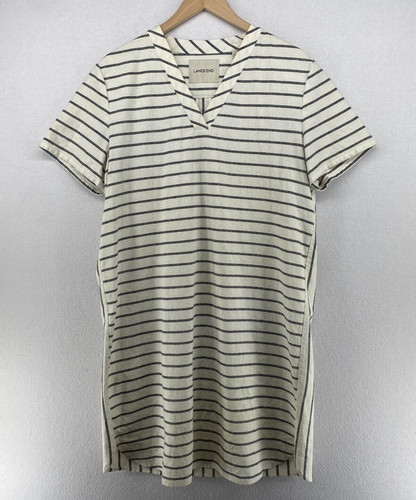 OFF WHITE Abito LANDS' END 14 cotone lino righe tubino tunica manica corta bianco sporco