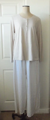 Hanro SLEEP & LOUNGE Calm Beige Long Sleeve Henley Shirt & Safari Stripe Pant L - Image 1 of 4
