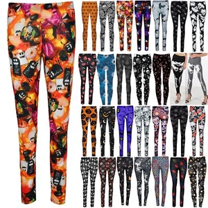 Womens Ladies Halloween Witch Broom Pumpkin Ghost Skull Skinny Jeggings Leggings - Picture 1 of 32