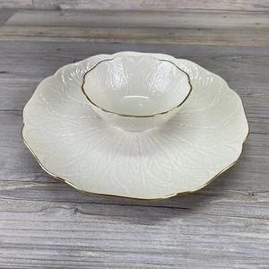 Lenox Greenfield Collection Chip Dip Serving Tray Platter Bowl Feather Gold Rim - Picture 1 of 6