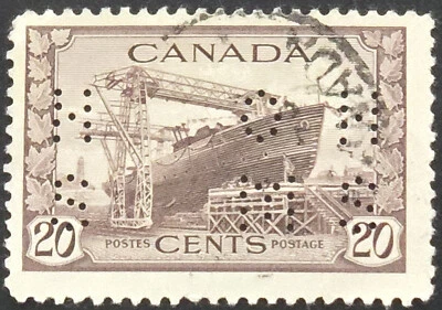 Canadá - 1942 Scott #260 KGVI edición de guerra 20¢ - PERFIN - sello Foto 1 de 3