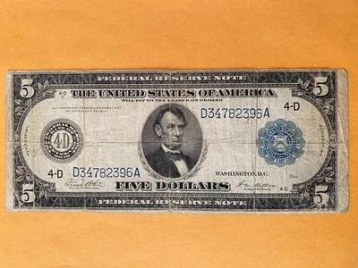 1914 $5 Large Size Federal Reserve Note US Paper Money - Image 1 of 2