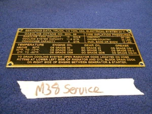 DATA PLATE Service, brass Fits Willys M38 G740 Military jeep   (P62) - Bild 1 von 1