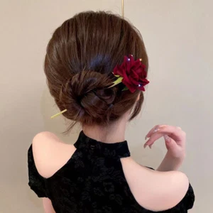 Romantic Rose Flocking Hairpin Flower Hair Sticks With Rhinestone For WoLR - Picture 1 of 7