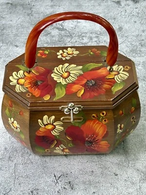 BerJan Octagonal Wooden Flower Hand Painted Box Case Lucite Handle Signed 70’s - Image 1 of 4