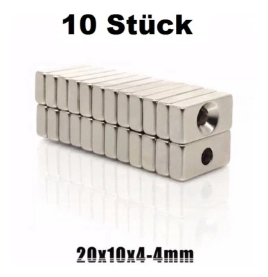 10x Magnet 20x10x4 Ø 4mm Bohrung Loch Block Senkung Starkmagnet N45 Quader - Bild 1 von 4