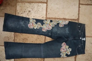 Blue Denim CACHE Flare Stretch Jeans w/Floral Sequin Embroidered Appliques 4 - Picture 1 of 7