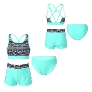 Kids Girls 3Pcs Printing Swimwear U Neck Cross Straps Open Back Beach Swimsuit - Picture 1 of 82