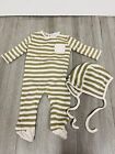 BEBE ORGANIC Green And Beige Vintage Striped Footie One Piece And Bonnet Hat 6m