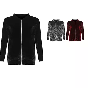 Women's Plus Long Sleeve Velour Velvet Coat Top New Ladies Zip Bomber Jacket - Picture 1 of 10