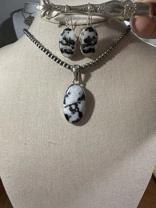 925, Sterling Silver White Buffalo Turquoise Set, Hook Back Earrings & Pendant - Picture 1 of 7