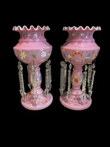 Pair of Victorian Era Bohemian Pink Cased Mantle Lusters 12” - Picture 1 of 9