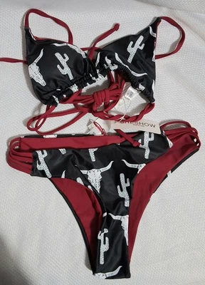 Biquíni Sheshow Steer Head Cactus vermelho preto side peek tamanho XS novo com etiquetas - Imagem 1 de 4