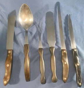 Menge 6 Cutco Utensilien Servierlöffel Gabeln Tranchieren 3 Messer Set Braun Orange - Bild 1 von 6