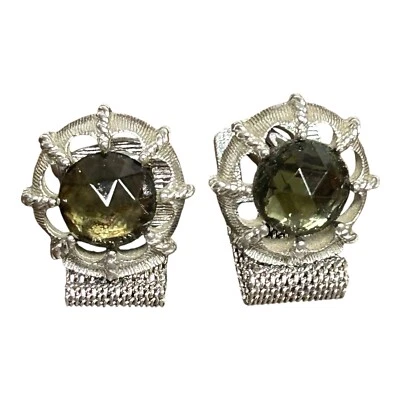 Swank Green Crystal Rhinestone Silver Tone Mesh Wrap Around Cufflinks Vintage - Image 1 of 4