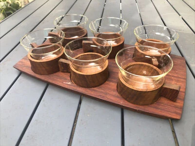 Vintage MCM Scandi Teak? Wood Tea Coffee Set 6 Glass Cups w Serving Wood Tray - Image 1 of 4