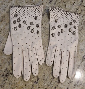 Vintage Womens Size S Beige Formal Fabric 8" Gloves Beaded Embellished - Picture 1 of 19